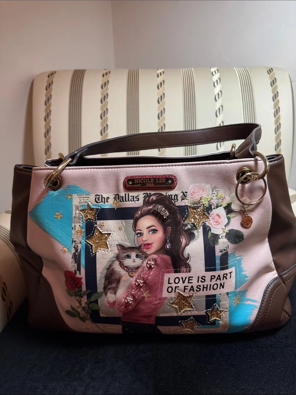 Nicole Lee Pink, Brown & Turquoise Shoulder Tote with Fashion Illustration - Picture 1 of 2